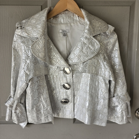 Cache Silver Jacket Women Sz M Shimmery Huge 3buttons Belted Sleveless Y2k Crop - Picture 2 of 16